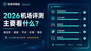 机场评测主要看什么特色图，展示2026机场评测中稳定性、速度、节点可用率、价格透明度和售后处理等核心指标