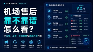 机场售后靠不靠谱怎么看特色图，展示2026机场评测中公告更新、工单响应、节点恢复、套餐处理和跑路风险判断标准