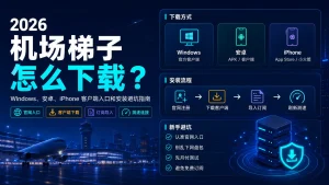 2026 年机场梯子下载指南特色图，展示 Windows、安卓、iPhone 客户端入口、官网注册、订阅导入、刷新测速和新手安装避坑流程。