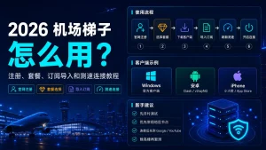 2026 年机场梯子怎么用教程特色图，展示官网注册、选择套餐、下载客户端、导入订阅、刷新测速和开启连接的完整新手使用流程。