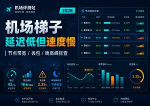 机场梯子延迟低但速度慢排查指南特色图，展示节点延迟低、带宽速度慢、丢包率偏高、晚高峰表现下降和多地区节点测速对比。