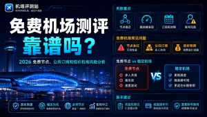 免费机场测评靠谱吗特色图，展示 2026 年免费机场、免费节点、公共订阅和低价机场的常见风险，包括节点全红、订阅失效、多人共用、晚高峰不稳定和账号安全问题。
