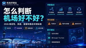 怎么判断机场好不好评测标准特色图，展示 2026 年选择稳定机场时需要关注的节点稳定性、晚高峰表现、机场测速、套餐透明度、售后维护和新手避坑建议。
