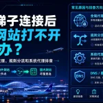 机场梯子连接后国内网站打不开排查指南特色图，展示全局代理、规则分流、系统代理、DNS 异常和客户端冲突导致百度、淘宝、微信等国内网站访问异常的解决思路。