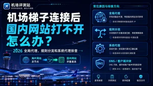 机场梯子连接后国内网站打不开排查指南特色图，展示全局代理、规则分流、系统代理、DNS 异常和客户端冲突导致百度、淘宝、微信等国内网站访问异常的解决思路。