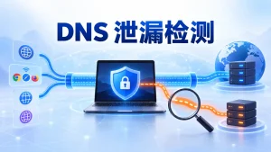 机场DNS泄漏检测示意图，对比出口IP、DNS服务器、IPv6与WebRTC检测结果