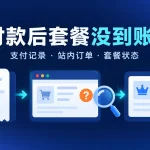机场付款后套餐没到账的排查示意图，展示支付记录、站内订单和套餐状态的核对流程