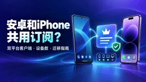 安卓和iPhone共用机场订阅特色图，展示双平台客户端连接、设备数限制与订阅迁移。