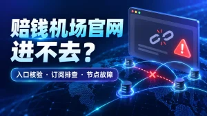 赔钱机场官网进不去故障排查特色图，展示网页连接中断、入口核验、订阅排查和节点故障。