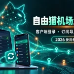 自由猫机场怎么用教程封面，展示电脑和手机客户端登录、订阅导入、节点连接及网络线路示意