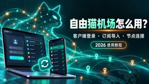 自由猫机场怎么用教程封面，展示电脑和手机客户端登录、订阅导入、节点连接及网络线路示意